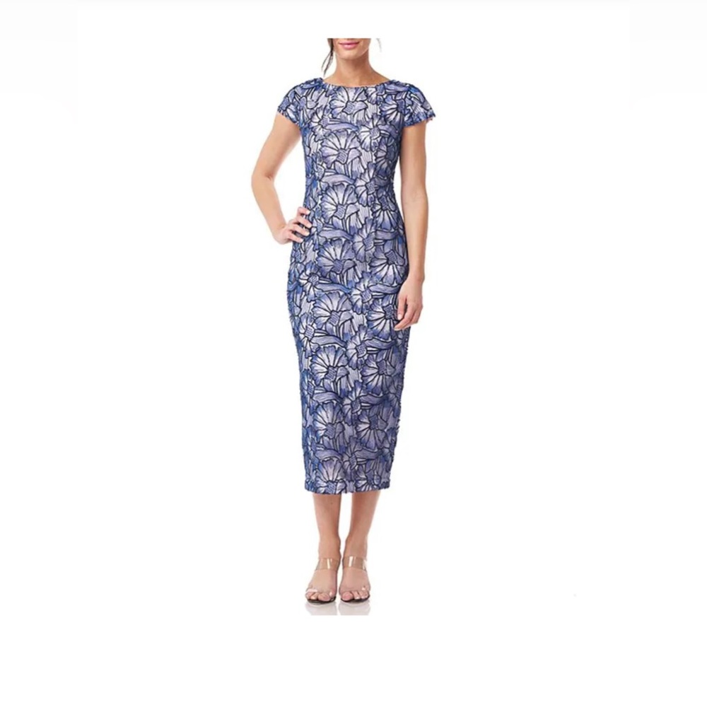Sequin Floral Embroidered Boat Neck Short Sleeve Lace Midi Sheath NWOT